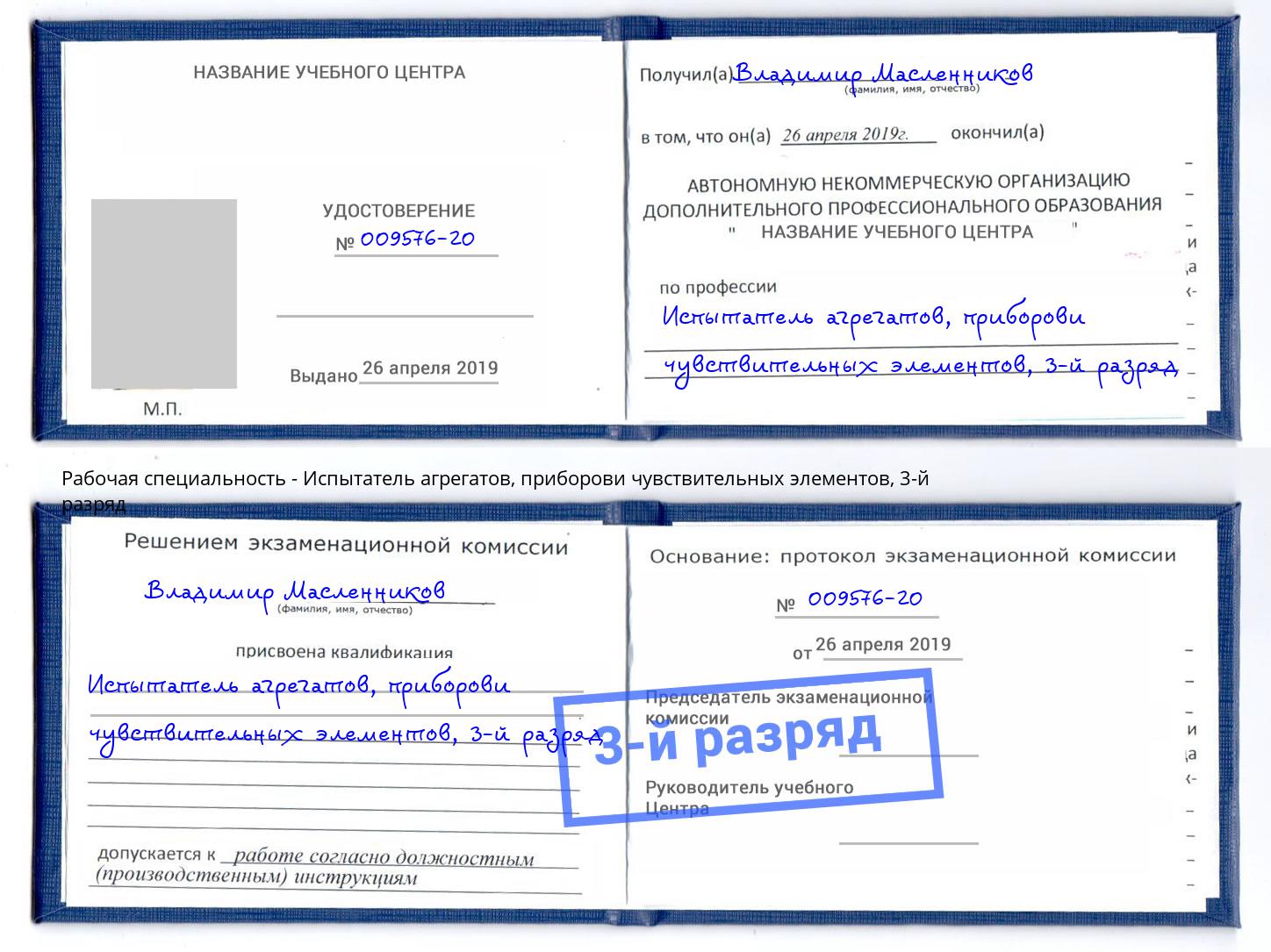корочка 3-й разряд Испытатель агрегатов, приборови чувствительных элементов Шумерля