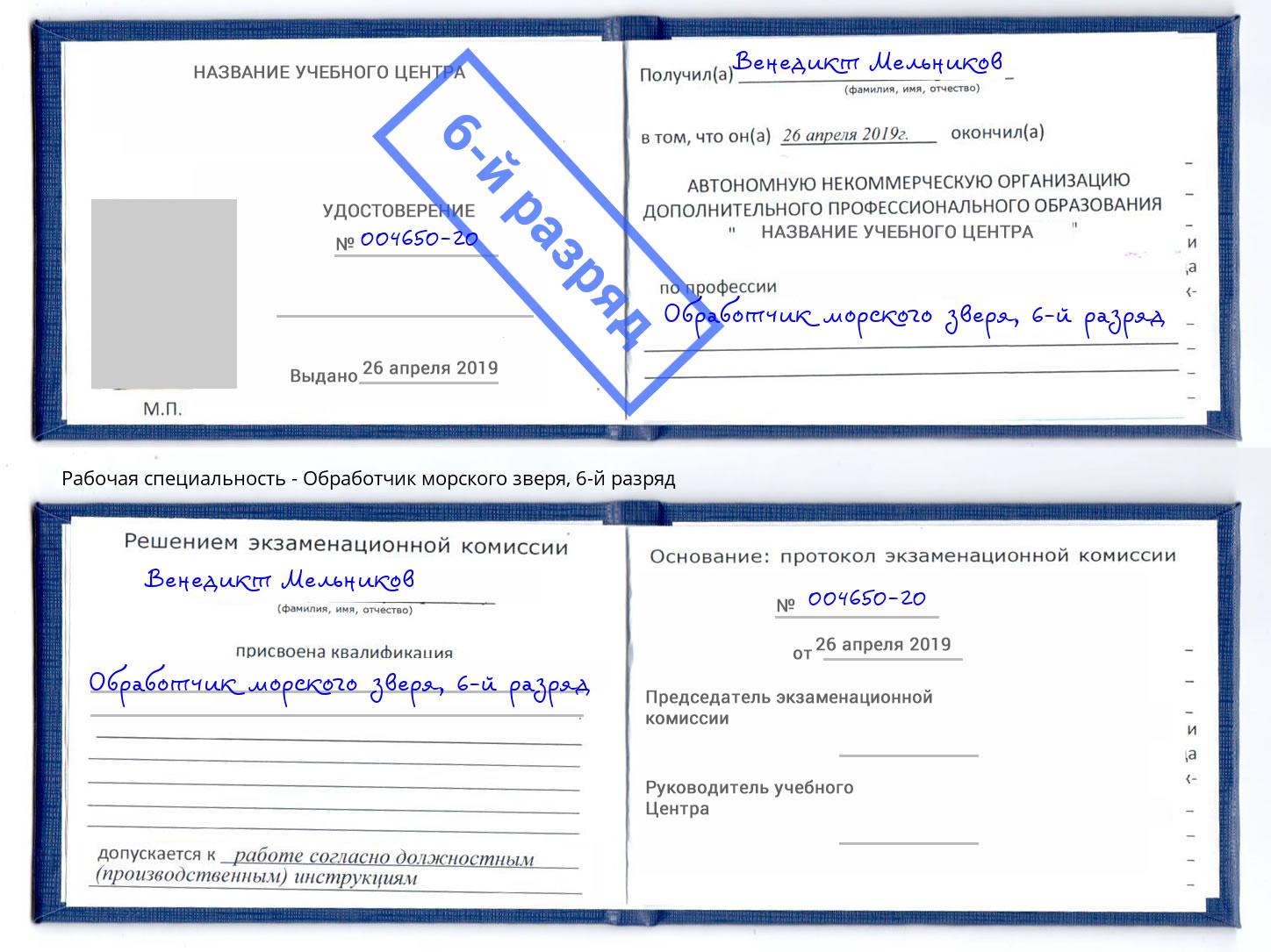корочка 6-й разряд Обработчик морского зверя Шумерля