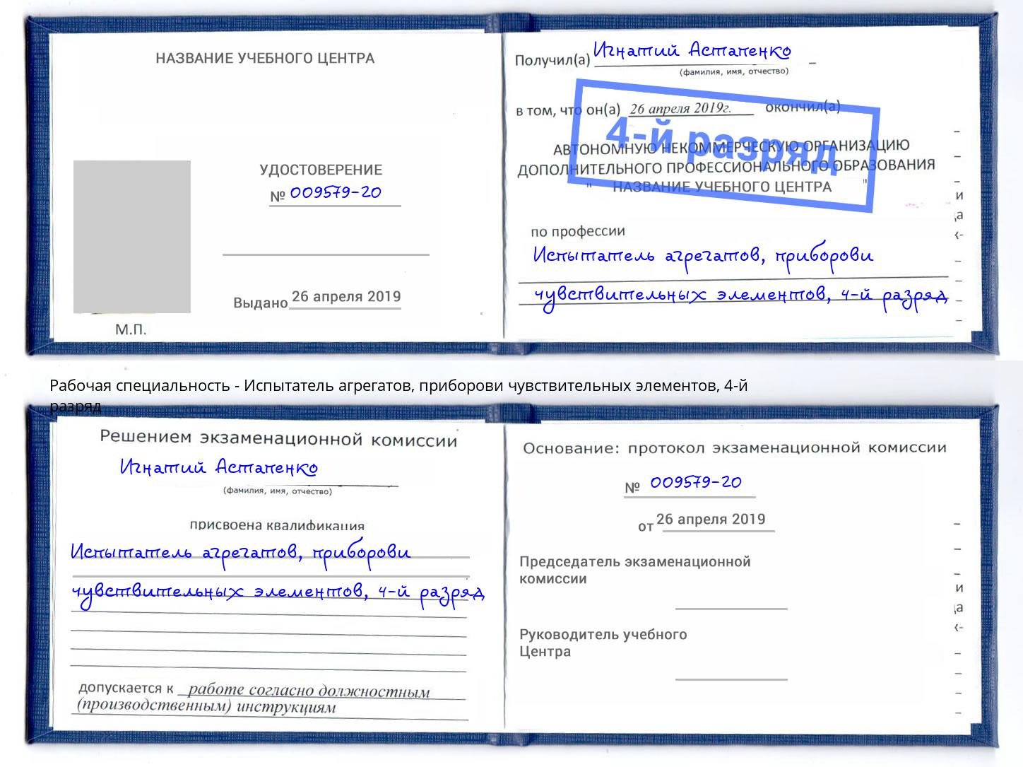 корочка 4-й разряд Испытатель агрегатов, приборови чувствительных элементов Шумерля