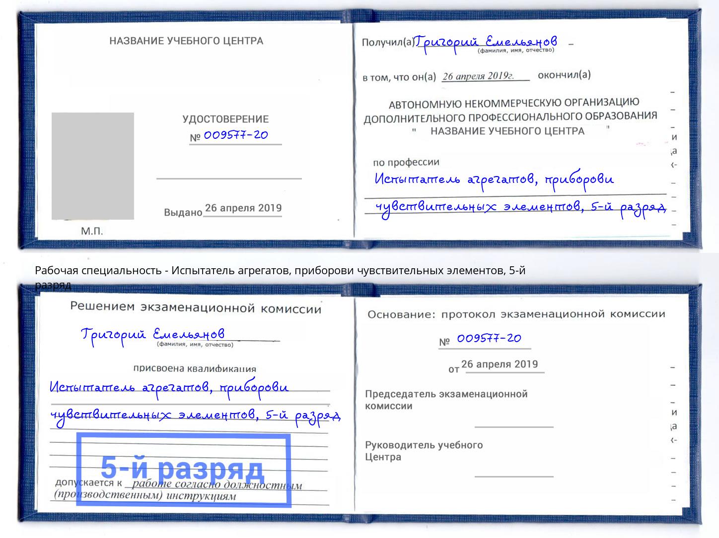корочка 5-й разряд Испытатель агрегатов, приборови чувствительных элементов Шумерля