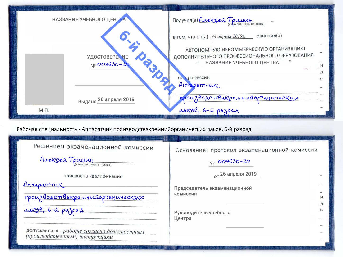 корочка 6-й разряд Аппаратчик производствакремнийорганических лаков Шумерля