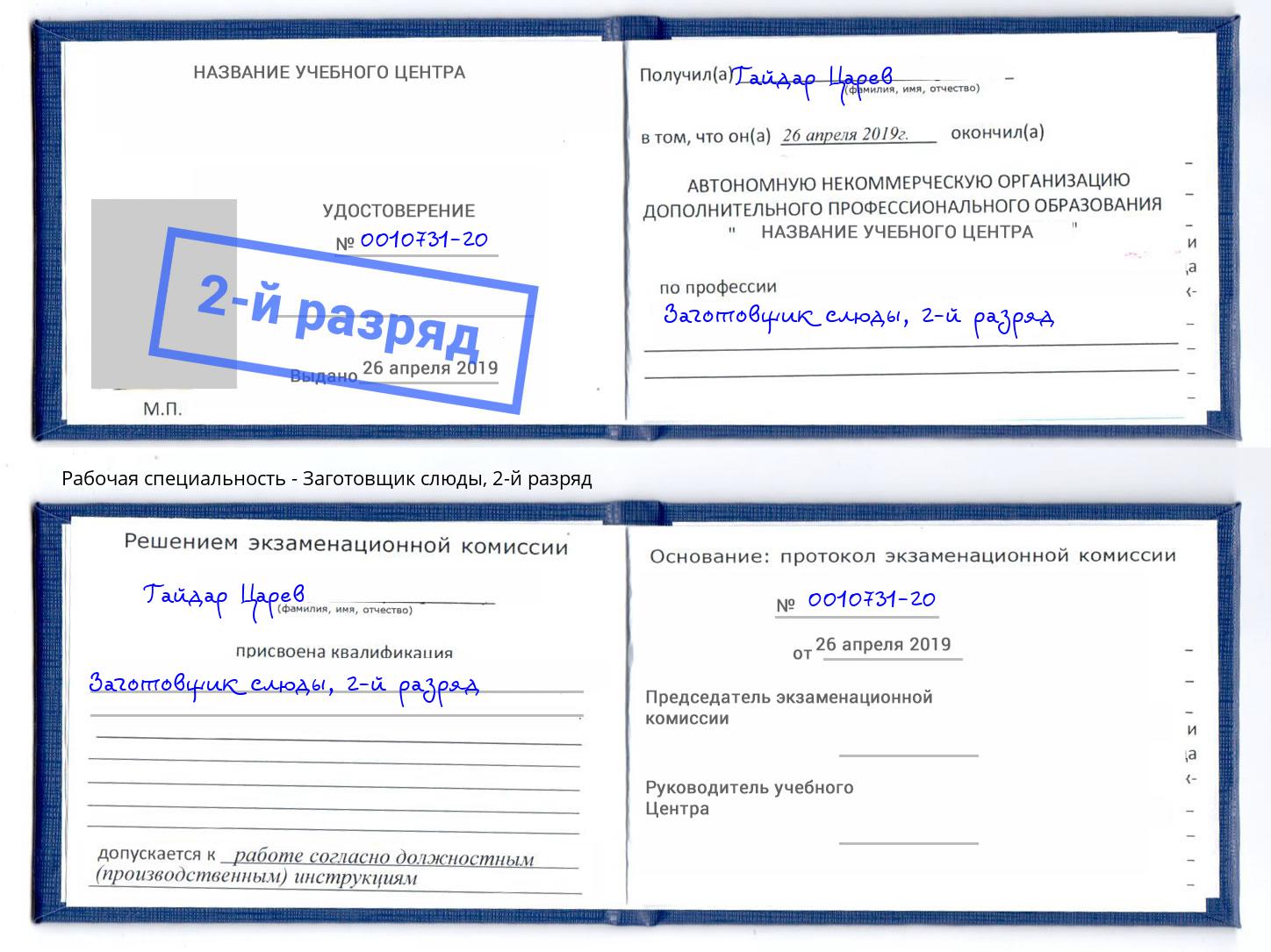 корочка 2-й разряд Заготовщик слюды Шумерля