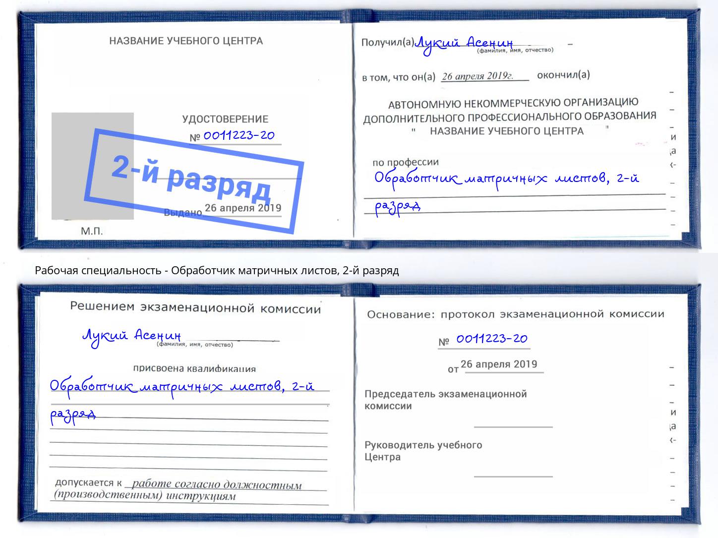 корочка 2-й разряд Обработчик матричных листов Шумерля