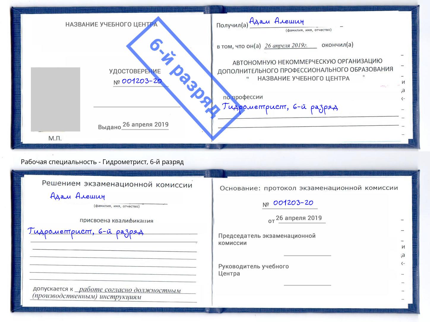корочка 6-й разряд Гидрометрист Шумерля