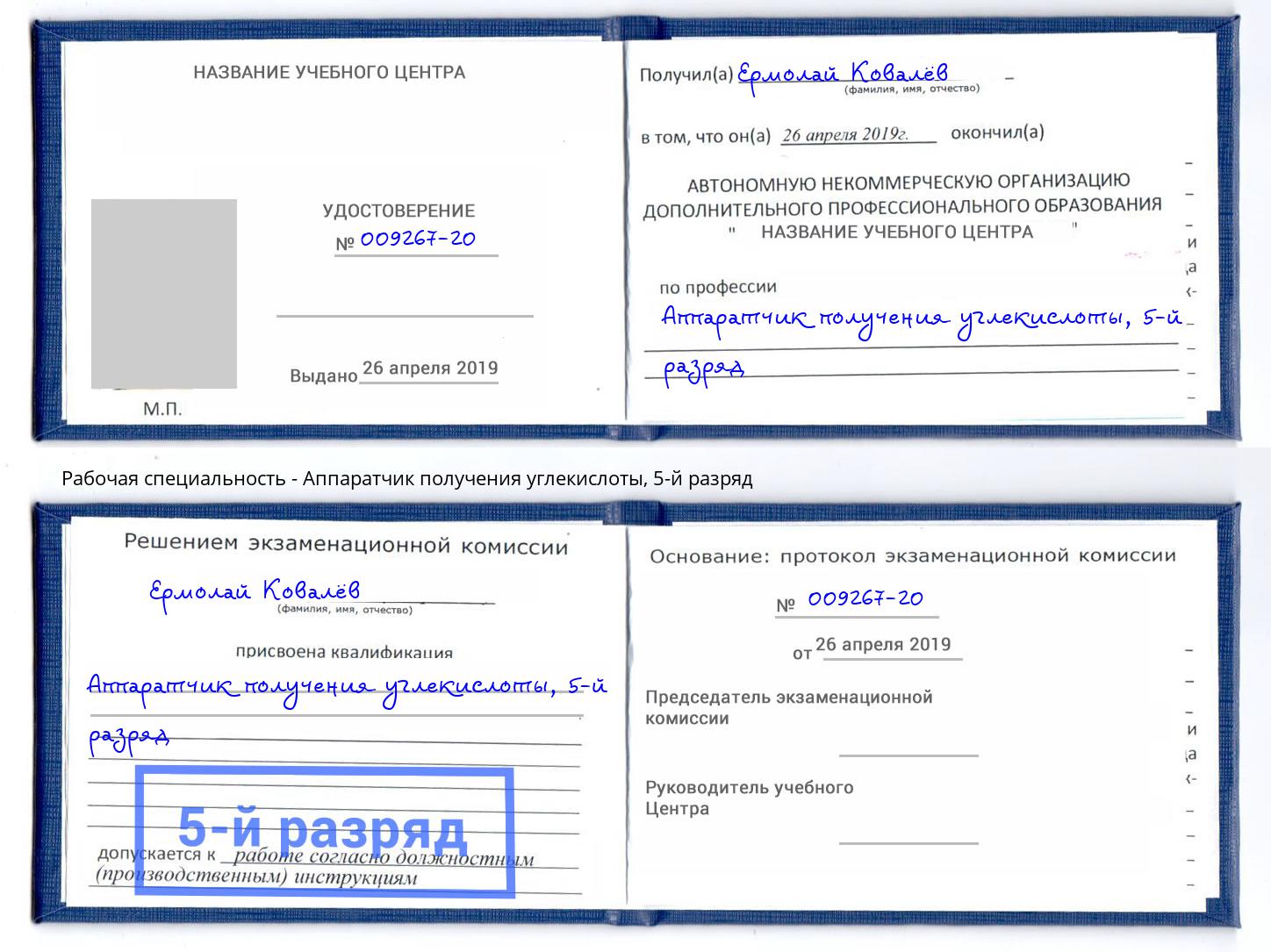 корочка 5-й разряд Аппаратчик получения углекислоты Шумерля